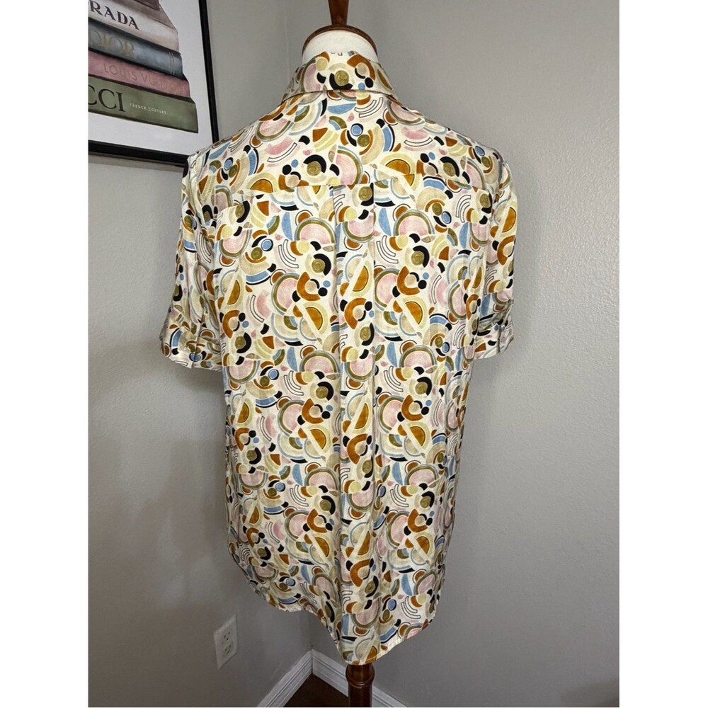 Lafayette 148 100% Silk Art Deco Geometric Print Short Sleeve Blouse M - Picture 7 of 13